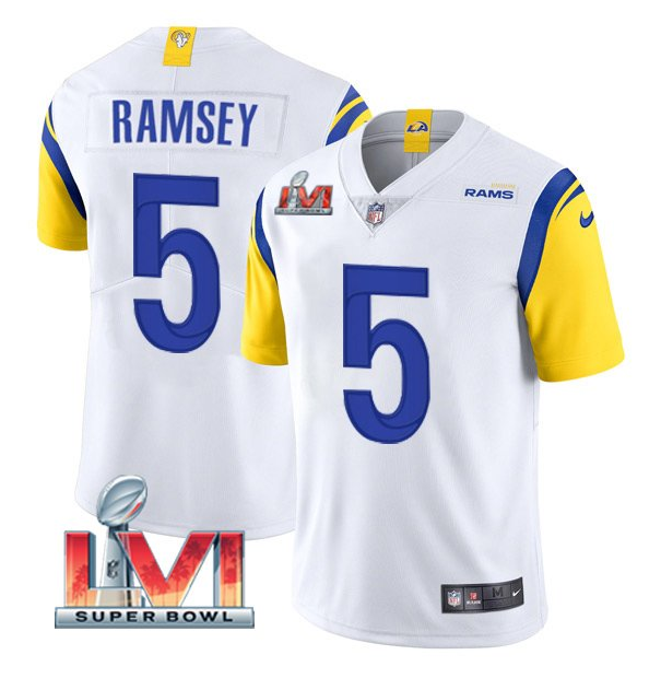Men's Los Angeles Rams #5 Jalen Ramsey 2022 White Super Bowl LVI Vapor Limited Stitched Jerse Men's Los Angeles Rams #5 Jalen Ramsey 2022 White Super Bowl LVI Vapor Limited Stitched Jerse